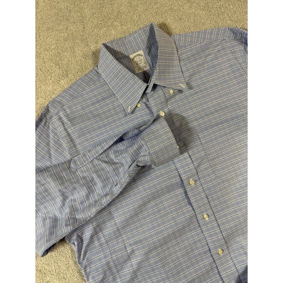 BROOKS BROTHERS Blue Plaid Classic Fit Buttoned‎ Non-Iron L/S Oxford Shirt 17-35 - Picture 1 of 8